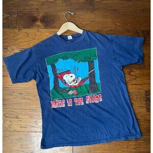 Vintage Peanuts Snoopy MADE IN THE SHADE Blue T Shirt 50’s Size Large (HOLE)